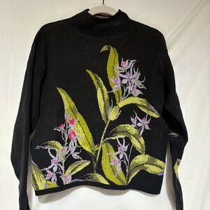 Maeve/Anthropologie Black Turtleneck Sweater with Green and Purple Flora